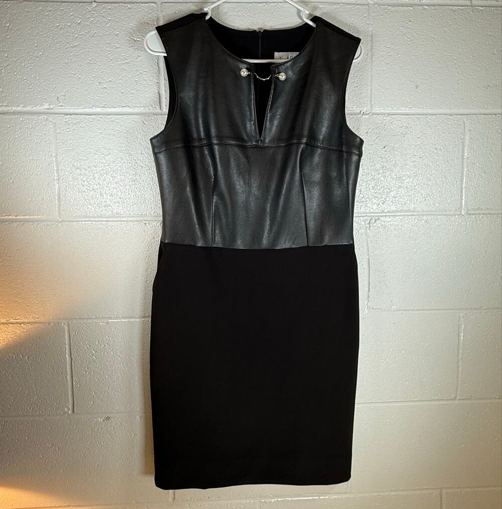 Joseph Ribkoff Womens Size 12 Black Faux Leather Sheath Dress Pearl Gold Detail